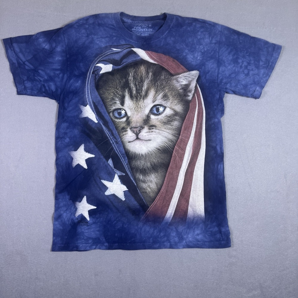 The Mountain T Shirt Mens M Blue American Flag Kitten Cat Graphic Tee